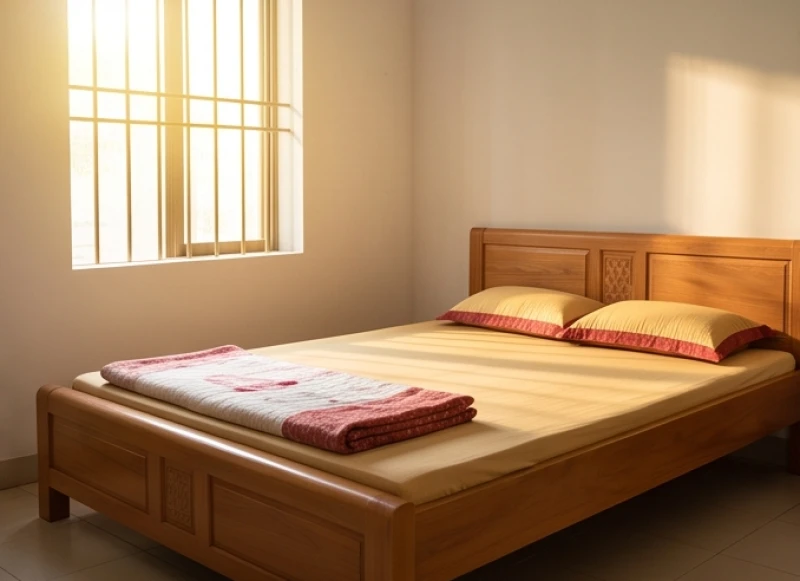 Giường ngủ bằng gỗ được kê gọn gàng quay về hướng Tây Bắc đón luồng cát khí