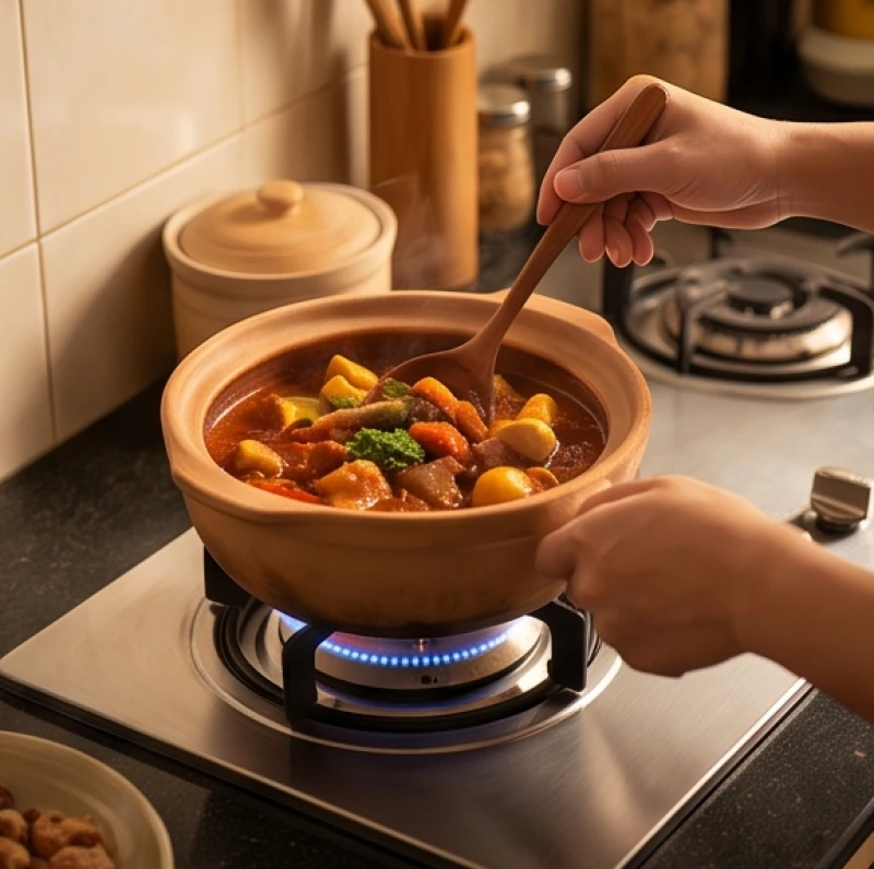 Người phụ nữ đang đứng nấu ăn với lưng hướng về phương vị Sinh Khí