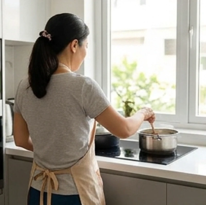 Hướng bếp hợp tuổi Ngọ: quy tắc chọn tuổi và đo bằng hướng lưng 4 Người nội trợ đứng nấu ăn với góc nhìn từ phía sau thể hiện rõ nguyên tắc xác định hướng bếp