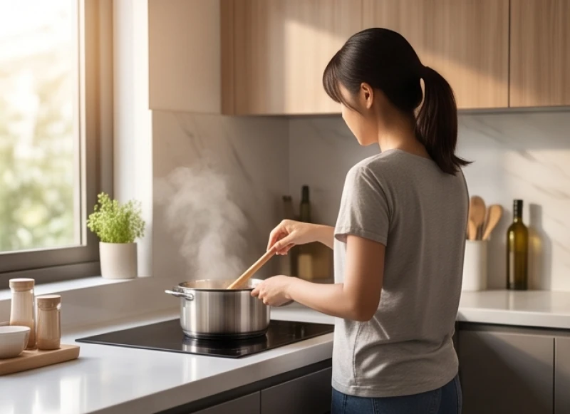Người phụ nữ đang đứng nấu ăn trong bếp với mặt quay vào tường và lưng hướng ra ngoài.