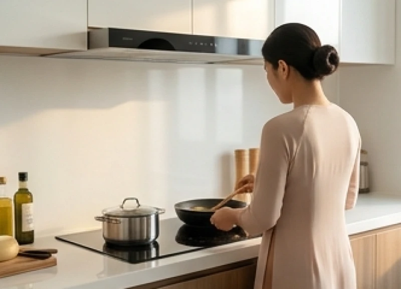 Người phụ nữ đứng nấu ăn với hướng lưng được xác định là hướng bếp chính xác theo bát trạch