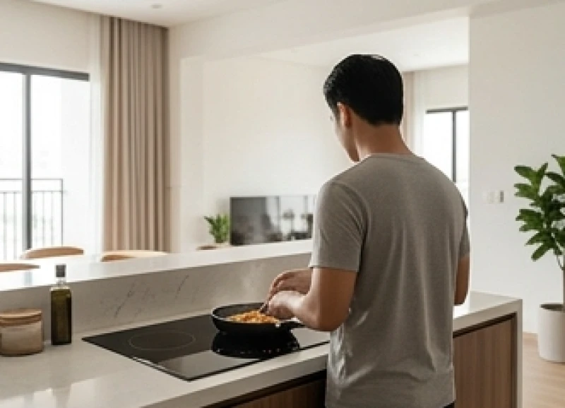 Người phụ nữ đang đứng nấu ăn tại bếp từ, lưng quay ra phía ngoài để xác định hướng bếp hợp tuổi tỵ