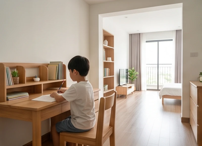 Bé trai ngồi học với hướng mặt quay về không gian mở đón luồng sinh khí