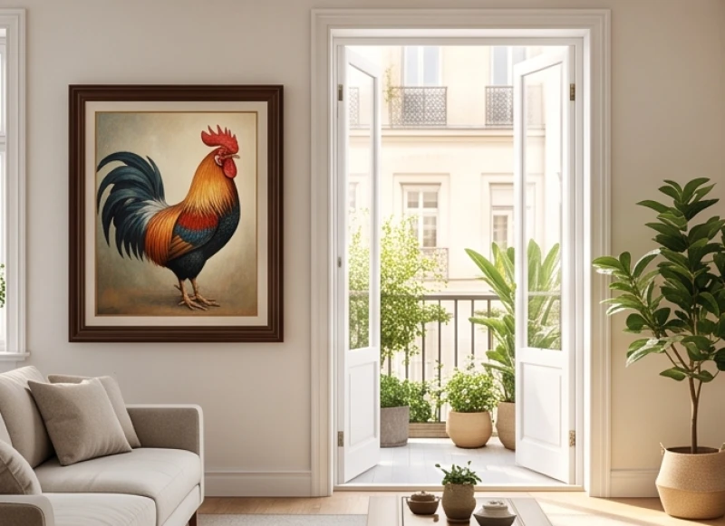 Bức tranh gà trống được căn chỉnh cẩn thận sao cho mỏ hướng thẳng ra khu vực cửa sổ lớn
