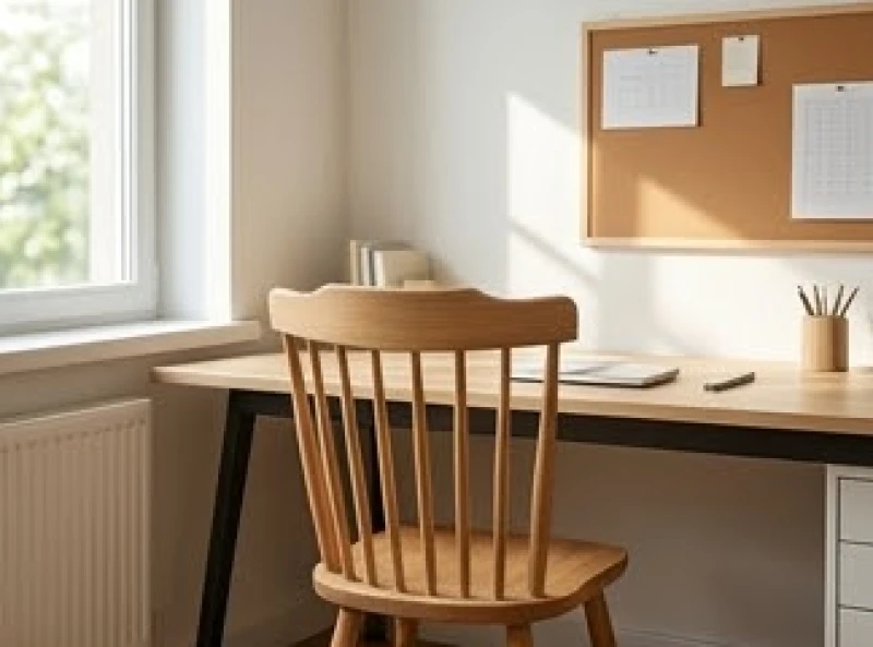 Góc nhìn từ phía sau một chiếc ghế tựa vững chắc hướng ra mặt bàn và không gian thoáng đãng