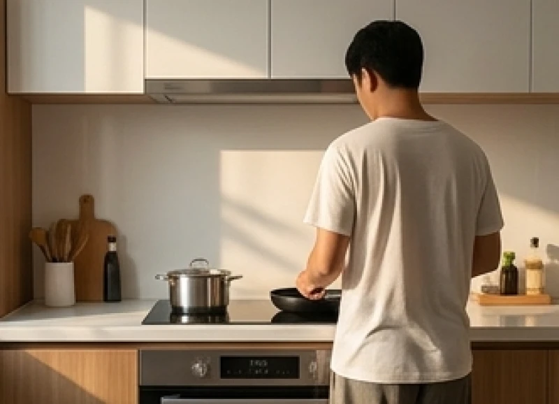 Ất Dậu 2005 Hợp Hướng Nào: Bảng Tra Nam Nữ & Cách Bố Trí Chuẩn 7 Người phụ nữ đứng nấu ăn tại gian bếp hiện đại với phần lưng quay ra hướng cửa