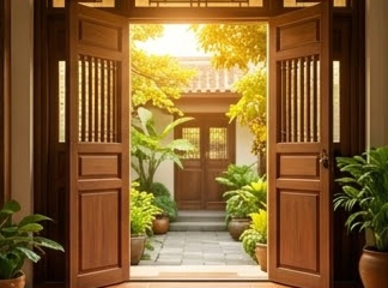 Cửa chính ngôi nhà bằng gỗ tự nhiên mở ra khoảng sân ngập nắng đón luồng sinh khí mạnh mẽ