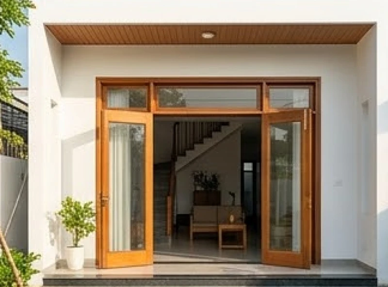 Mặt tiền ngôi nhà hiện đại với cửa chính rộng mở, đón nhận luồng ánh sáng mặt trời rực rỡ vào buổi sáng.