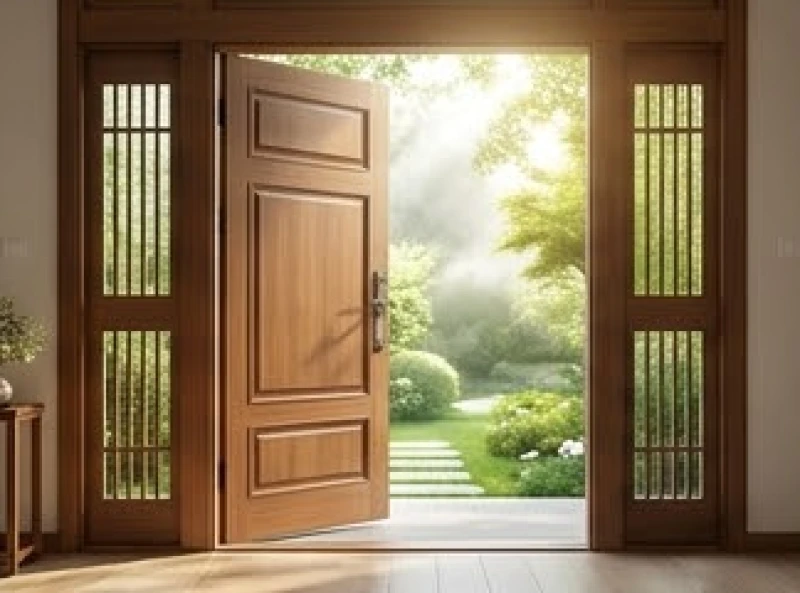 Cửa chính ngôi nhà mở về hướng Đông Nam đón nắng sớm rực rỡ thu hút tài lộc