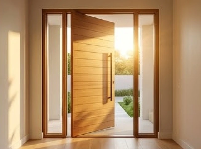 Cửa chính ngôi nhà gỗ hiện đại mở ra hướng đón ánh nắng mặt trời tượng trưng cho cung Sinh Khí