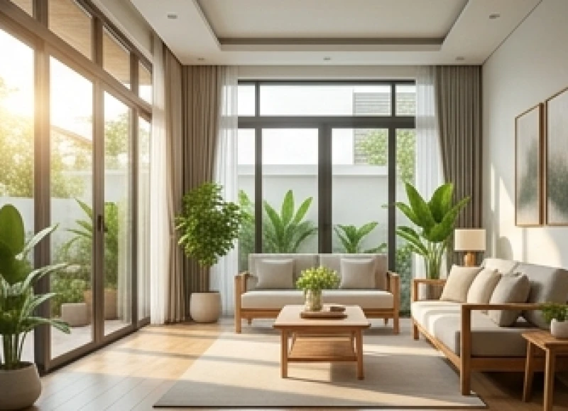 Không gian phòng khách hiện đại ngập tràn ánh sáng tự nhiên được bố trí hợp phong thủy cho tuổi Bính Thân