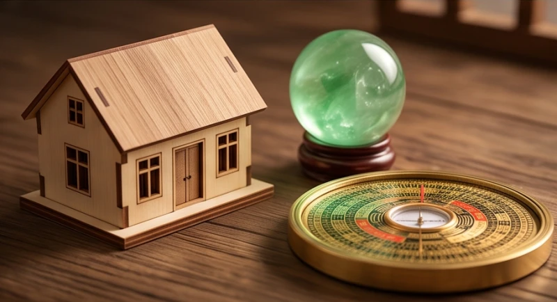Mô hình ngôi nhà nhỏ đặt cạnh quả cầu thạch anh xanh lục và chiếc la bàn định vị hướng tốt lành