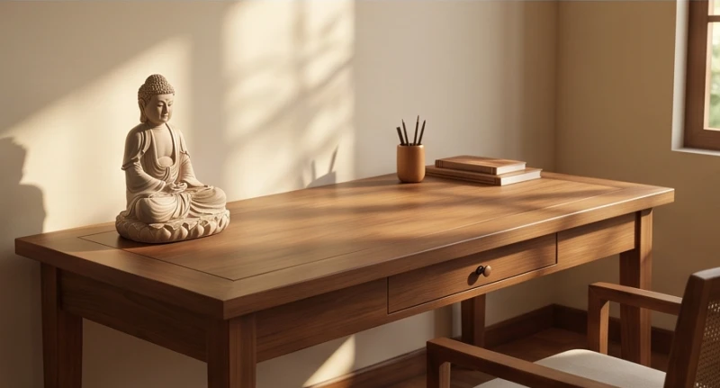 Không gian bàn làm việc tĩnh lặng với tượng gốm sứ và ánh sáng hướng Tây Nam mang lại sự bình yên cho nam gia chủ