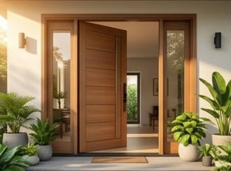 Cửa chính ngôi nhà thiết kế trang nhã mở về hướng Tây Bắc đón nắng sớm ấm áp