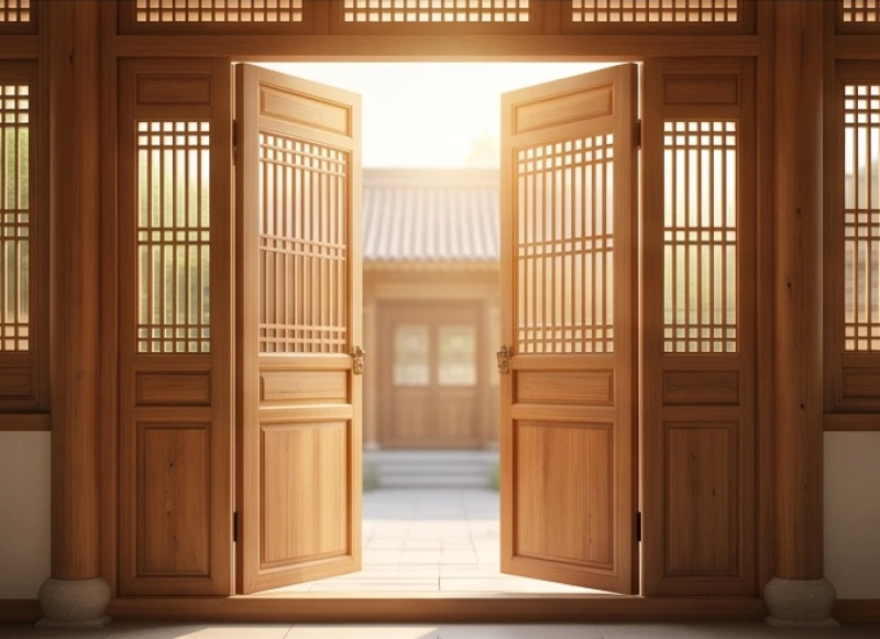 Cửa chính ngôi nhà bằng gỗ tự nhiên mở rộng đón luồng sinh khí tươi mới vào không gian sống của gia chủ