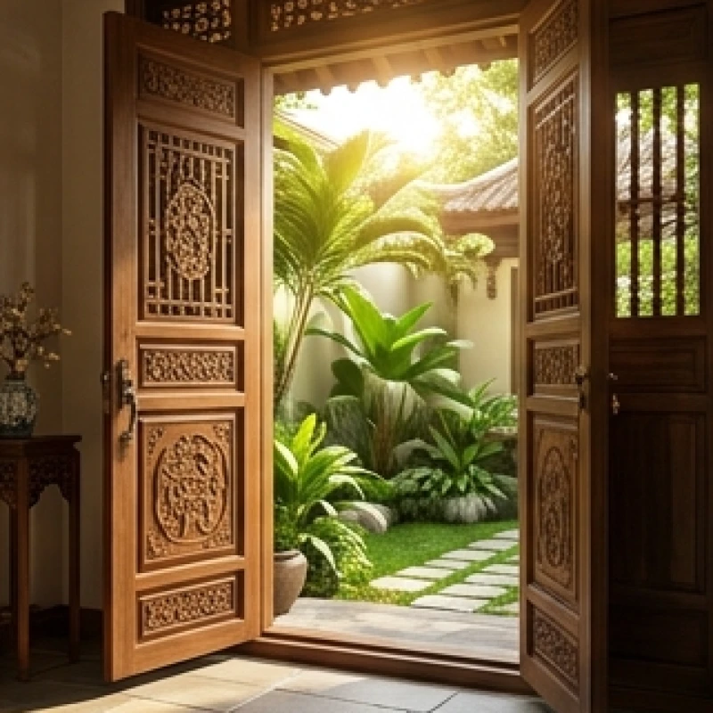 Cửa chính bằng gỗ gõ đỏ mở ra khoảng sân vườn ngập nắng đón sinh khí cho gia chủ nam