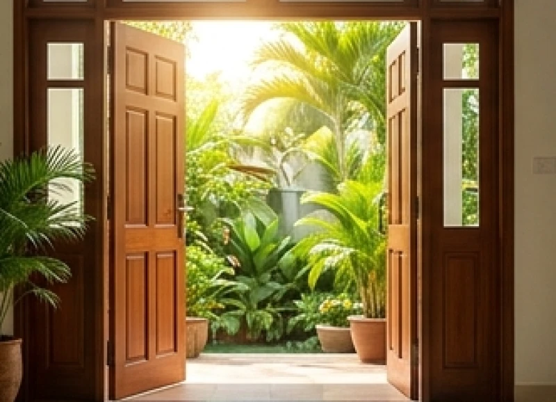 Tuổi Thân Nhập Trạch Ngày Nào Tốt: Lịch Giờ Đẹp & Cách Hóa Giải 5 Cánh cửa gỗ mở rộng đón ánh nắng rực rỡ chiếu vào phòng khách