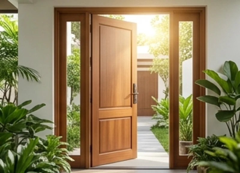 Thiết kế cửa chính ngôi nhà gỗ mở rộng đón ánh sáng mặt trời bình minh ấm áp từ hướng tốt lành