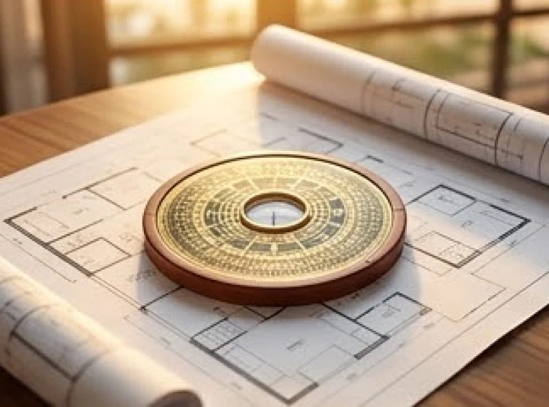 La bàn định vị phương hướng cát hung được đặt trên bản vẽ thiết kế kiến trúc nhà ở
