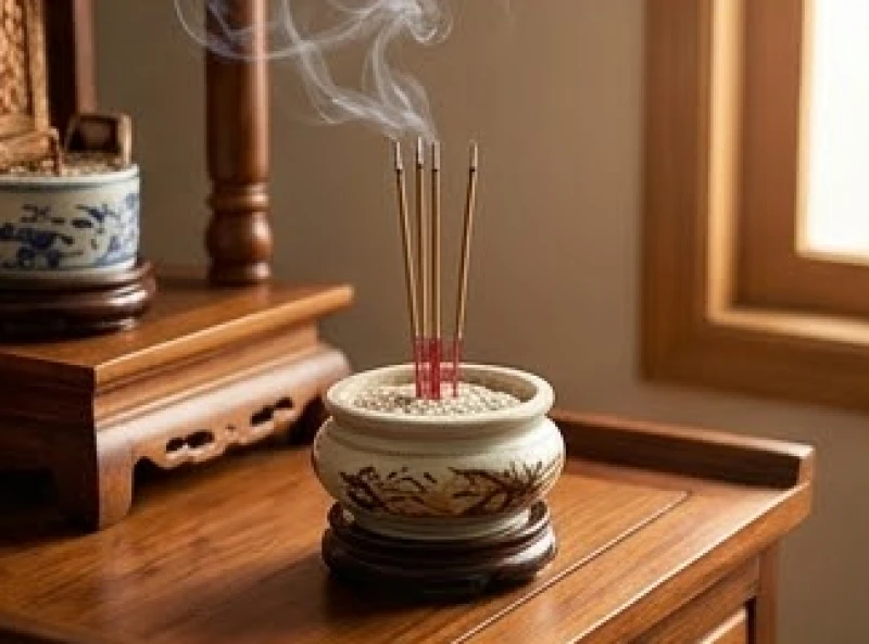 Bát hương gia tiên với những nén nhang đang cháy được khoảng hai phần ba trong ngày Tết Hàn thực