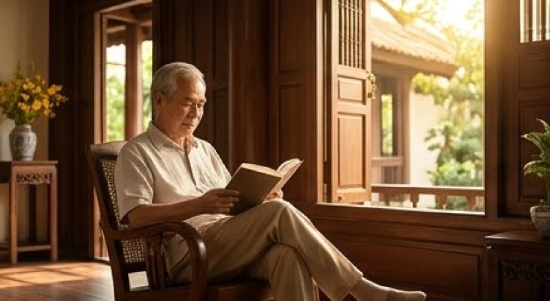 Cụ ông đang ngồi đọc sách trên chiếc ghế gỗ cạnh cửa sổ lớn đón nắng ấm hướng Đông Nam