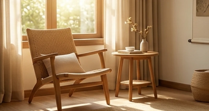 Góc đọc sách yên tĩnh tràn ngập ánh sáng tự nhiên với ghế mây và bàn trà nhỏ nhắn