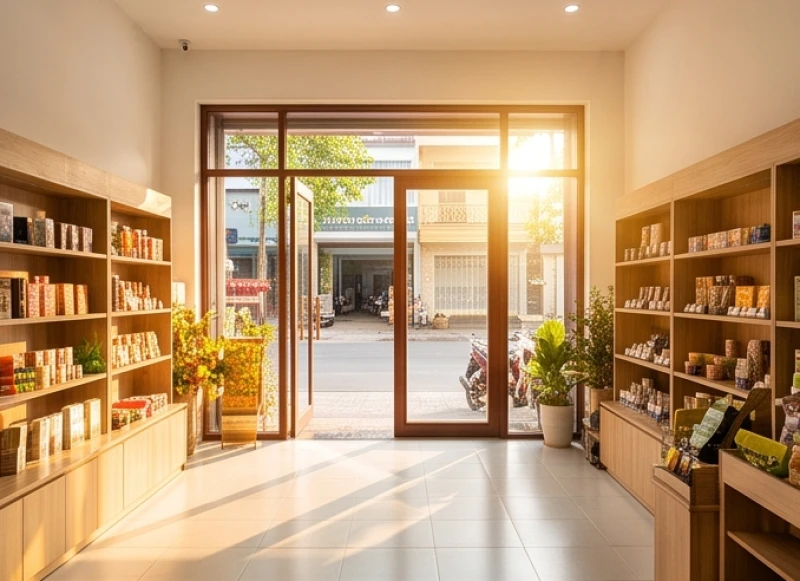 Mặt tiền cửa hàng kinh doanh rộng rãi tràn ngập ánh sáng tự nhiên với luồng sinh khí luân chuyển mượt mà