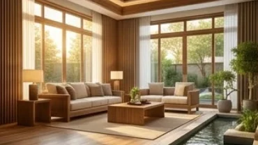 Không gian phòng khách thiết kế theo phong thủy với cửa chính đón hướng sinh khí vượng tài