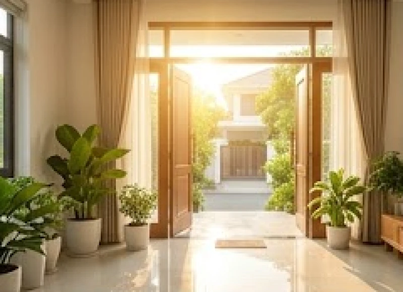 Cửa chính đón ánh sáng tự nhiên rực rỡ đại diện cho hướng Sinh Khí và Thiên Y mang lại may mắn