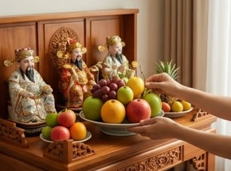 Nữ gia chủ đang chăm chút đĩa hoa quả trên bàn thờ Thần Tài đặt hướng Đông Nam