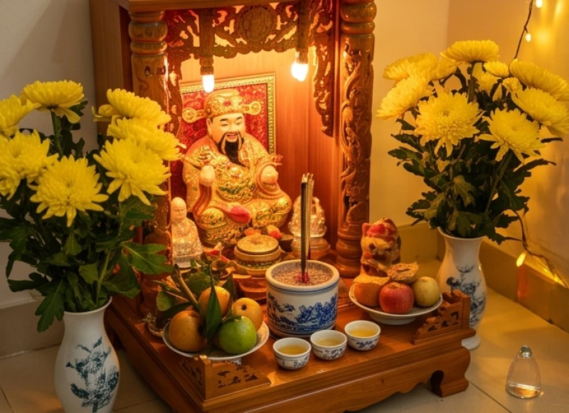 Nén nhang bị tắt lửa trên ban thờ Thần Tài Thổ Địa vào dịp lễ Tết với hoa cắm xung quanh