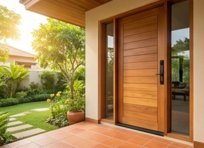 Cửa chính làm từ chất liệu gỗ tự nhiên sơn màu nâu ấm áp mở về phương vị Tây Nam