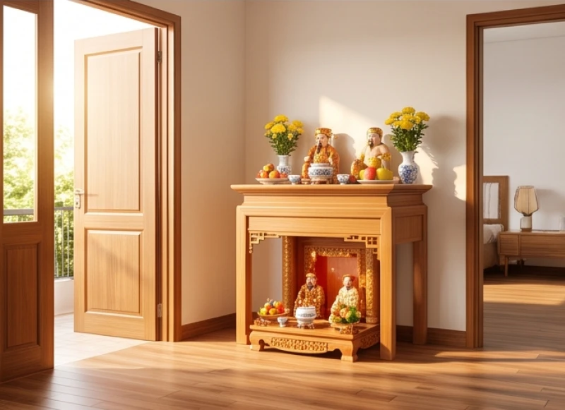 Luồng ánh sáng tự nhiên hắt vào không gian thờ cúng hướng ra khu vực cửa chính mang lại luồng sinh khí tốt