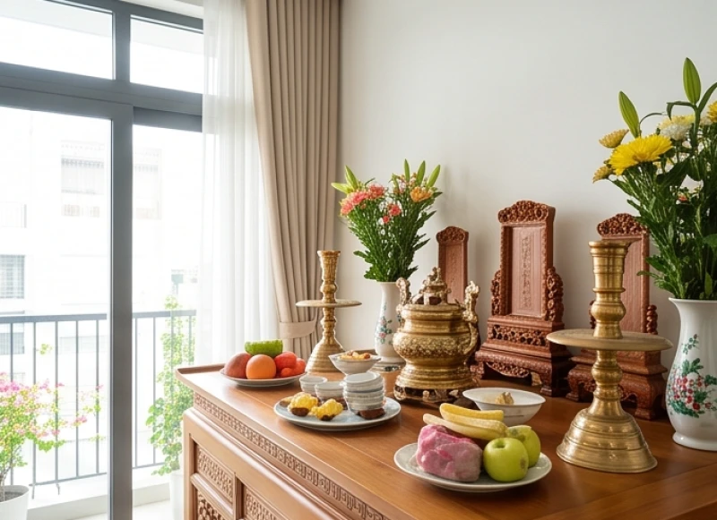 Hướng bàn thờ hợp tuổi Sửu: Phân biệt nam nữ & cung Lỗ Ban 2 Không gian thờ cúng gia tiên được sắp xếp gọn gàng theo chuẩn hướng đón sinh khí và tài lộc