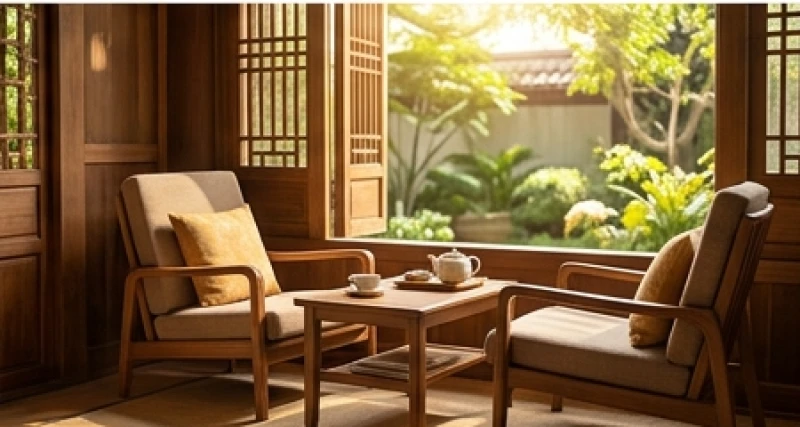 Góc thưởng trà tĩnh tâm tràn ngập ánh sáng tự nhiên được bố trí hướng Nam an yên cho cụ bà cung Ly