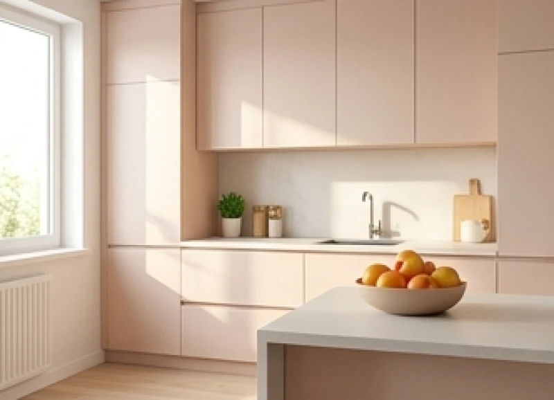 Gian bếp hiện đại với thiết kế tông màu nhạt hướng ra không gian mở mang lại năng lượng bình an