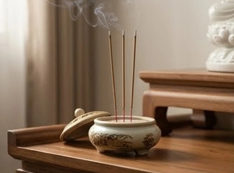 Văn khấn Phật tại gia mùng 1: Bài cúng và cách sắm lễ thanh tịnh 3 Nén hương trầm tự nhiên đang cháy nhẹ nhàng trên bát hương bàn thờ Phật