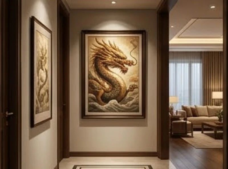 Không gian hành lang tinh tế với bức tranh rồng phong thủy có hướng đầu quay thẳng vào khu vực phòng khách