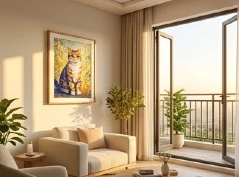 Tác phẩm mèo chiêu tài được treo ở vị trí chiến lược hướng thẳng ra cửa sổ lớn ngập tràn ánh sáng