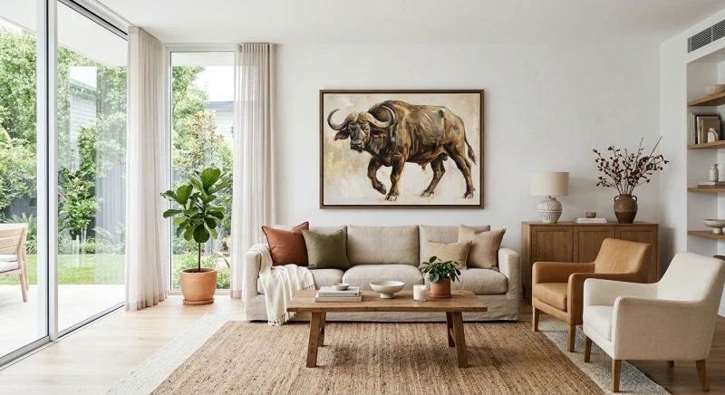 Không gian tường sau ghế sofa trưng bày tác phẩm phong thủy có hướng đầu quay vào trong nhà