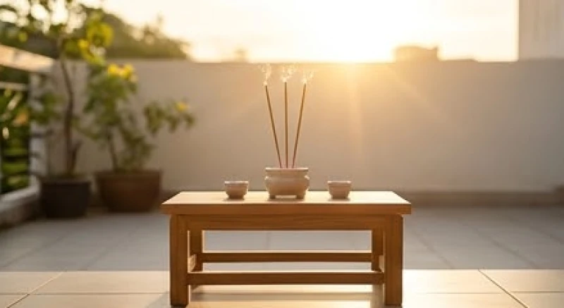 Bàn cúng nhỏ gọn đặt trước hiên nhà hướng về phía Đông để thực hiện nghi thức dâng hương giải hạn