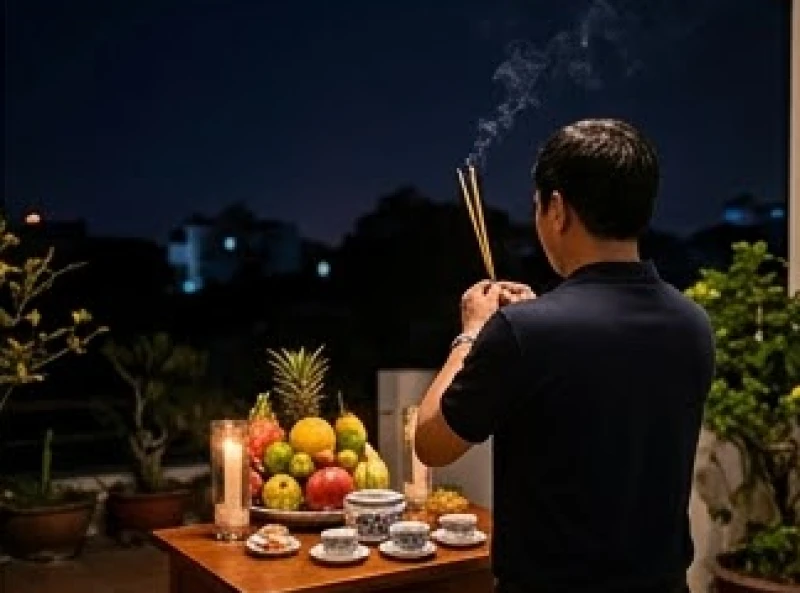Văn khấn giao thừa ngoài trời: Bài cúng chuẩn và cách đặt mâm 7 Gia chủ cầm ba nén hương và đứng quay mặt về hướng Đông để cầu mong một năm tài lộc dồi dào