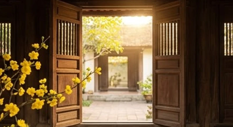 Cánh cửa gỗ mở ra một khoảng sân ngập tràn ánh nắng rực rỡ và những cành mai vàng khoe sắc thắm