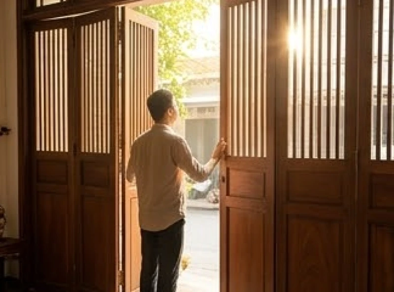 Người chủ cửa hàng mở cánh cửa lớn vào buổi sáng sớm đón ánh nắng ấm áp tràn vào không gian