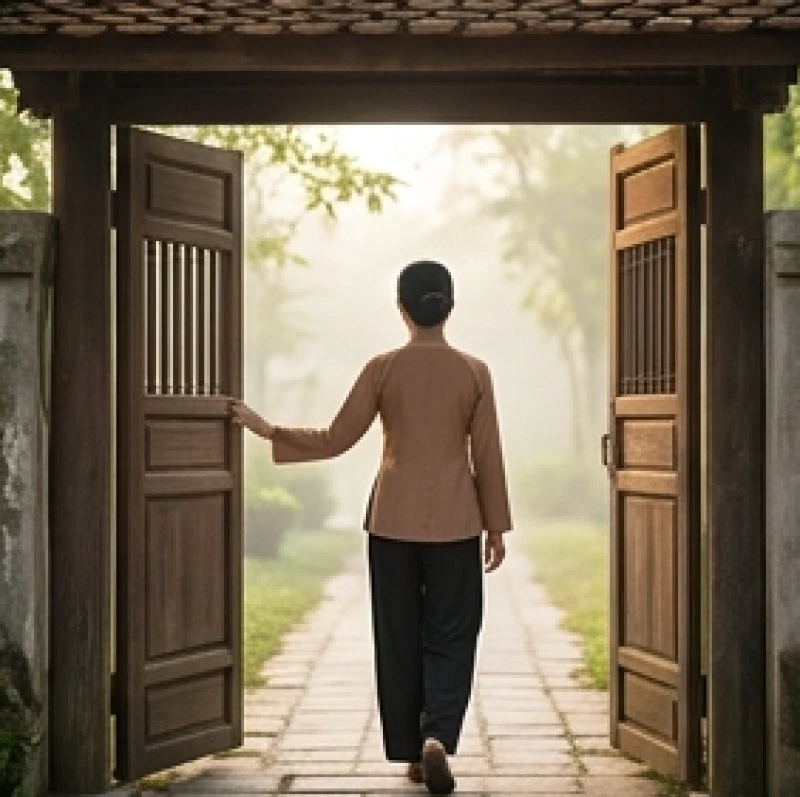 Hướng dẫn chọn ngày tốt cho tuổi Mão: Quy tắc ngũ hành, nam nữ 9 Gia chủ bước ra khỏi cổng nhà bằng gỗ trong trang phục truyền thống đón bình minh