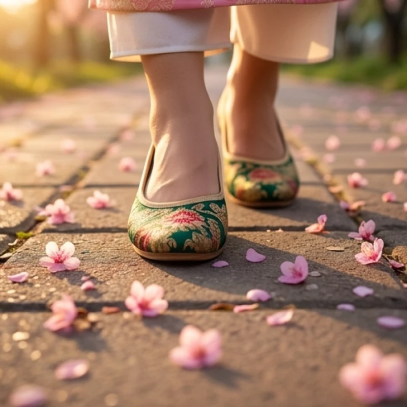 Đôi giày bọc vải gấm thêu hoa văn truyền thống bước trên con đường rải rác những cánh hoa