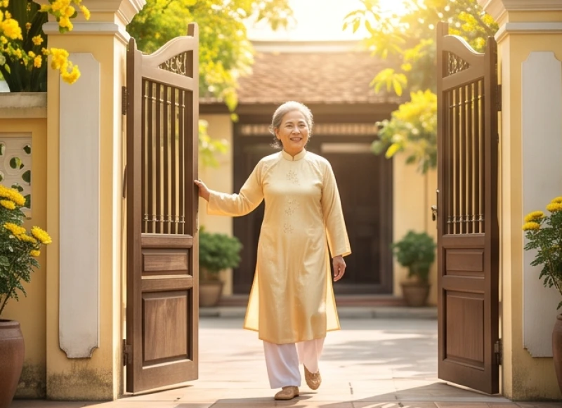 Tử vi tuổi Quý Mão 1963 năm 2027: Bài bản giải sao và 12 tháng 5 Người lớn tuổi mặc áo lụa màu vàng nhạt bước ra cổng nhà dưới nắng sớm để đón Hỷ Thần rước lộc
