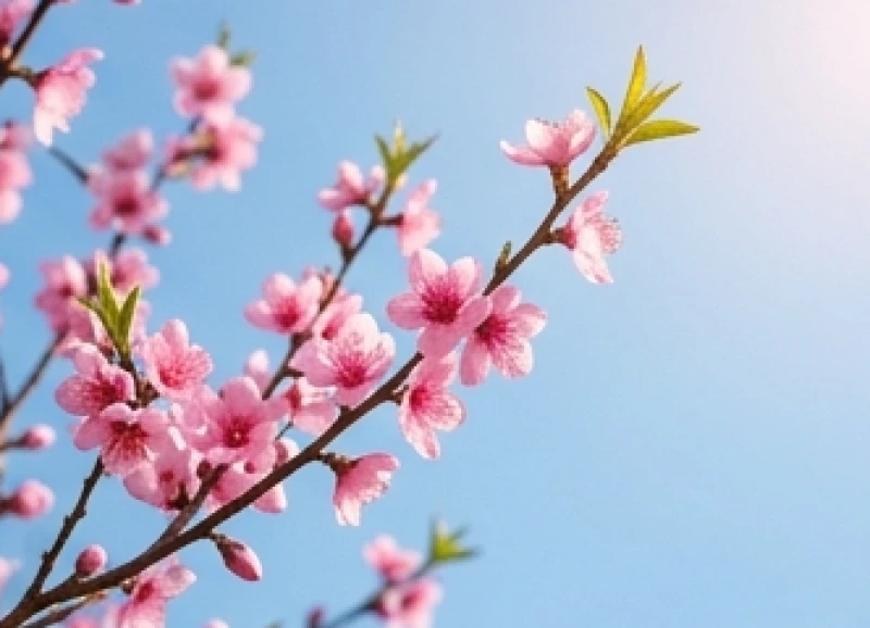 Những cành hoa đào bung nở rực rỡ khoe sắc dưới ánh nắng ban mai dịu nhẹ của đầu xuân