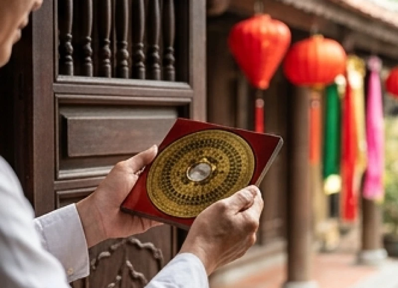 Gia chủ cầm la bàn phong thủy định hướng trước hiên nhà vào sáng mùng 1