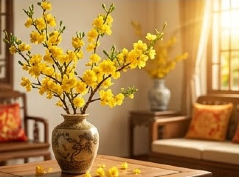 Cành mai vàng nở rộ rực rỡ tượng trưng cho niềm vui và tài lộc gõ cửa